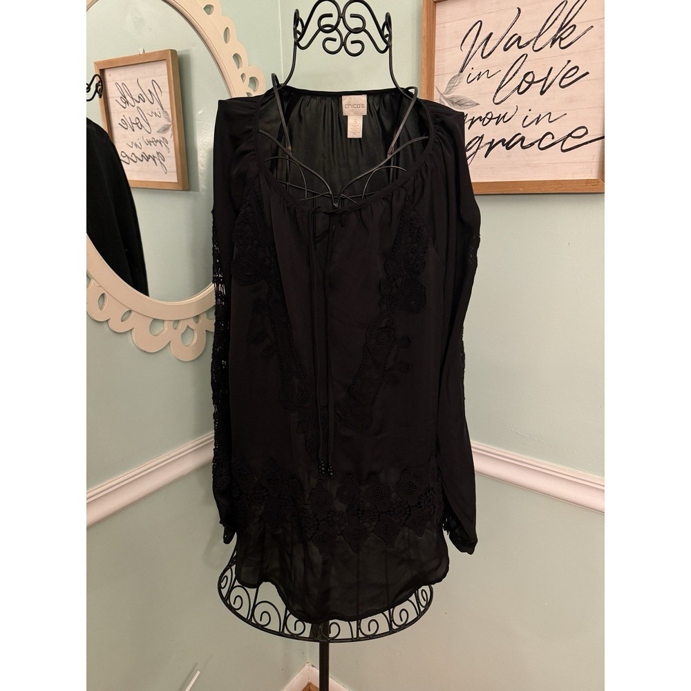 Chico's 3 Black Top Blouse Tassel tie Crochet Long sleeve Whimisgoth XL